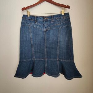 Vintage Y2K Denim Mini Skirt Ruffle Hem Flounce Stretch Twee Indie Contrast 10